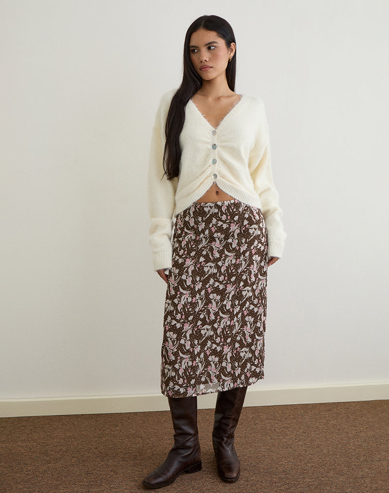 Image of Nimas Midi Skirt in Brown and Pink Polka Flower Chiffon