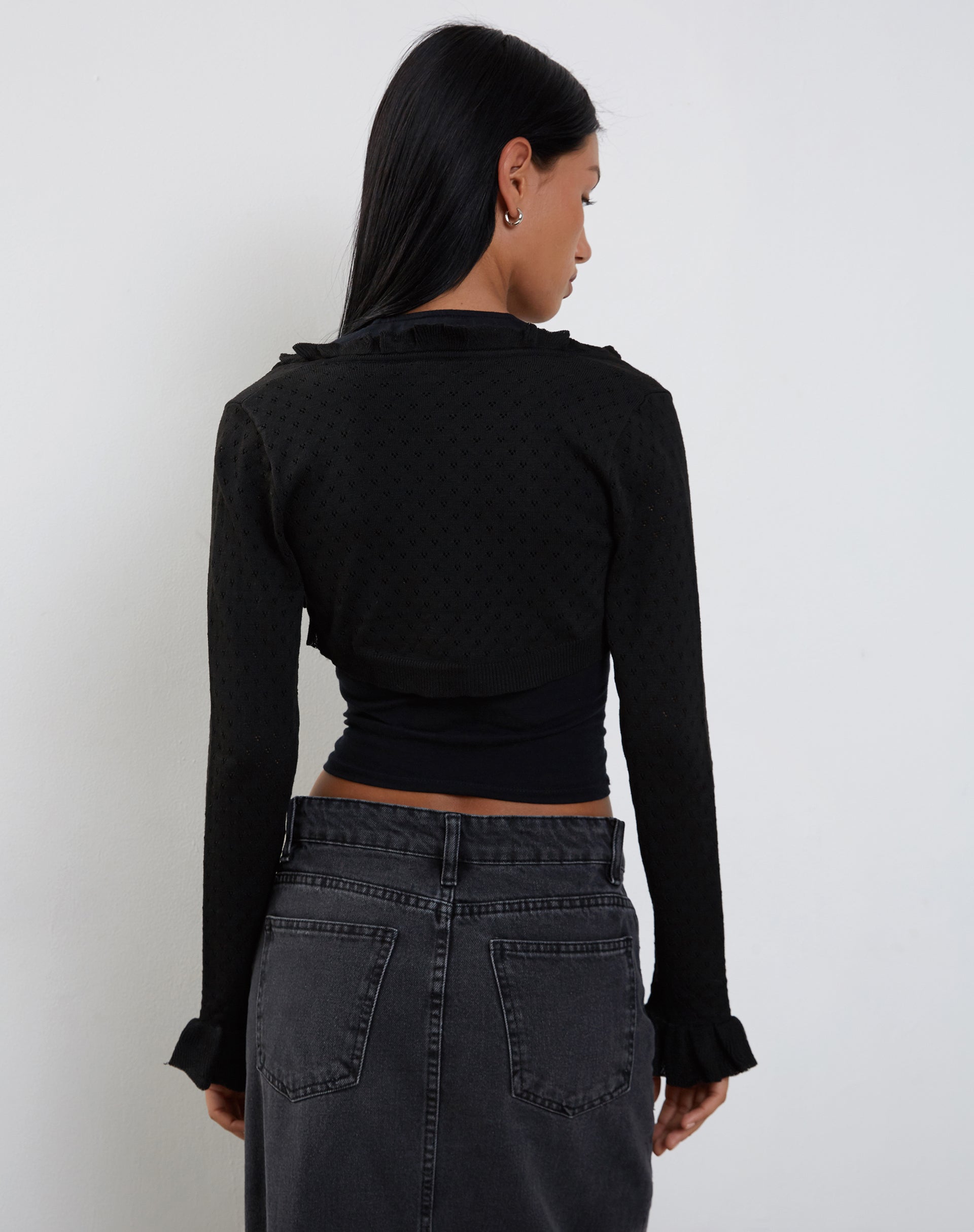 Image of Nimra Knitted Shrug with Frill Sleeve in Black