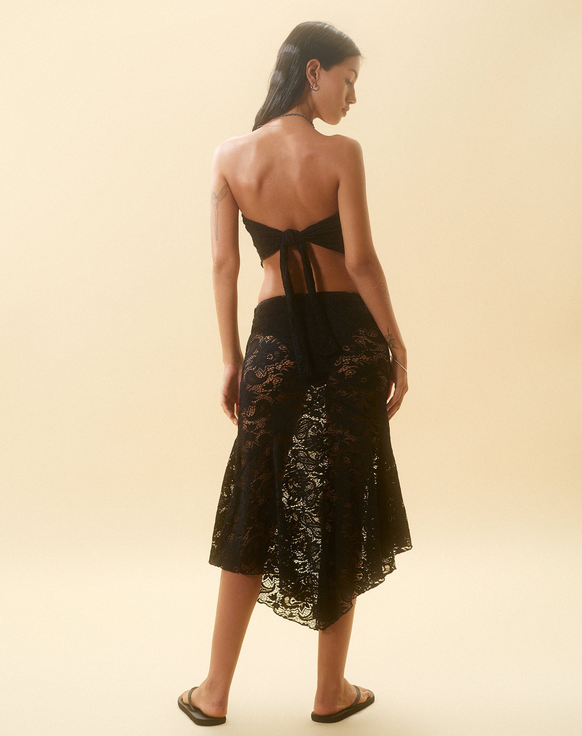 image of Vana Waterfall Hem Lace Midi Skirt in Jet Black