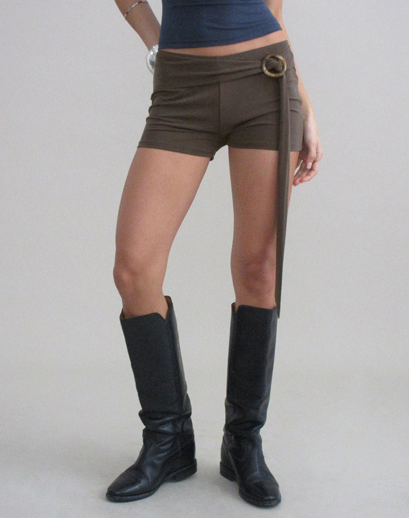 Nivaya Micro Short with Wrap Belt in Cupro Dark Brown