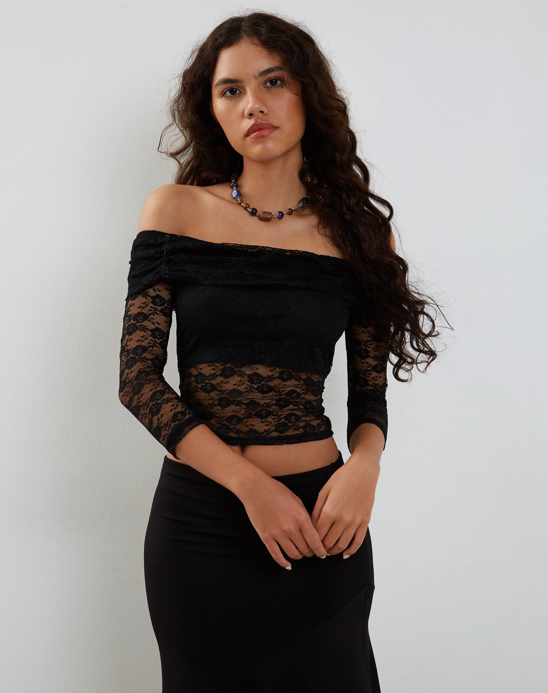 Image of Nixie Long Sleeve Bardot Top in Lace Black