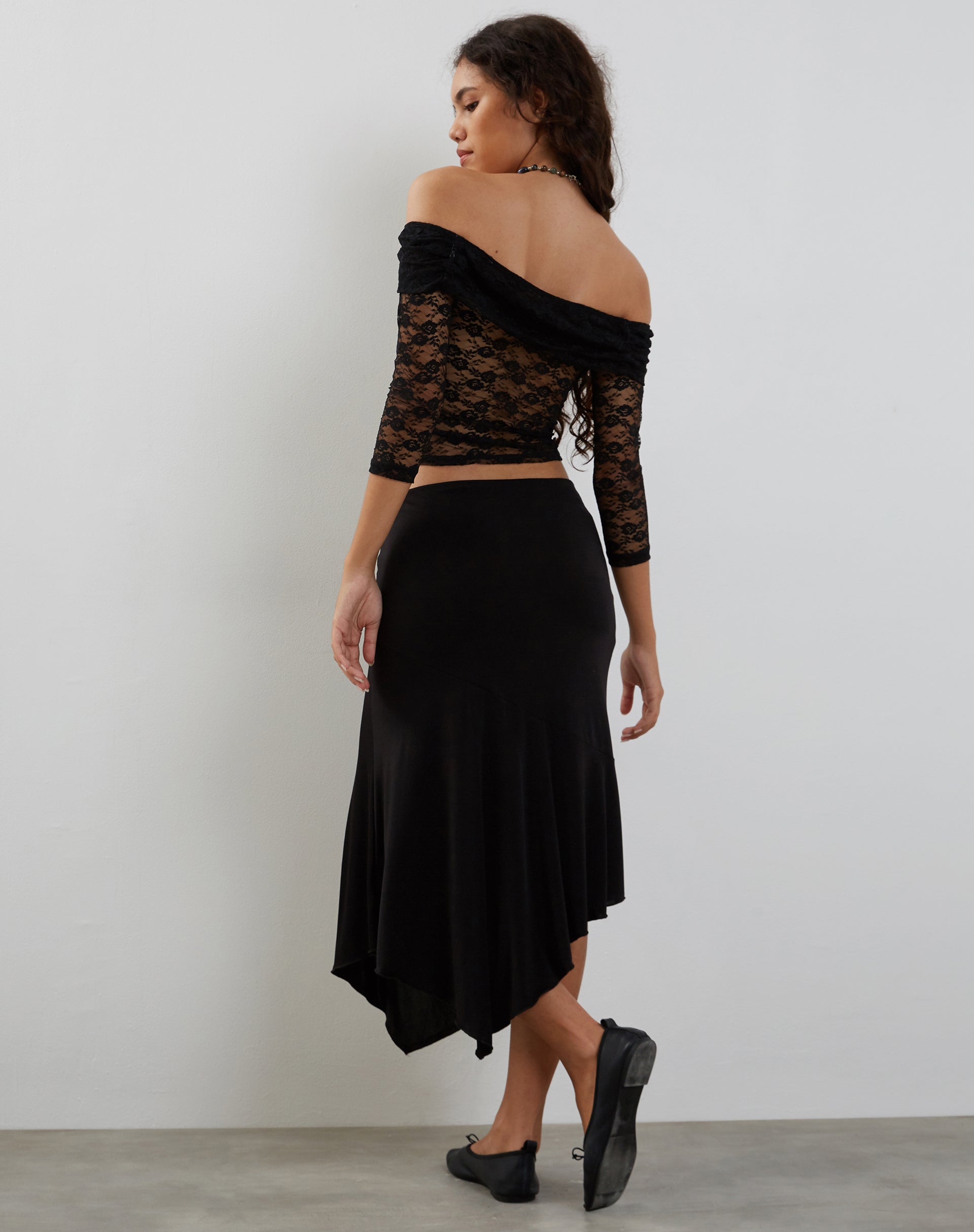Image of Nixie Long Sleeve Bardot Top in Lace Black