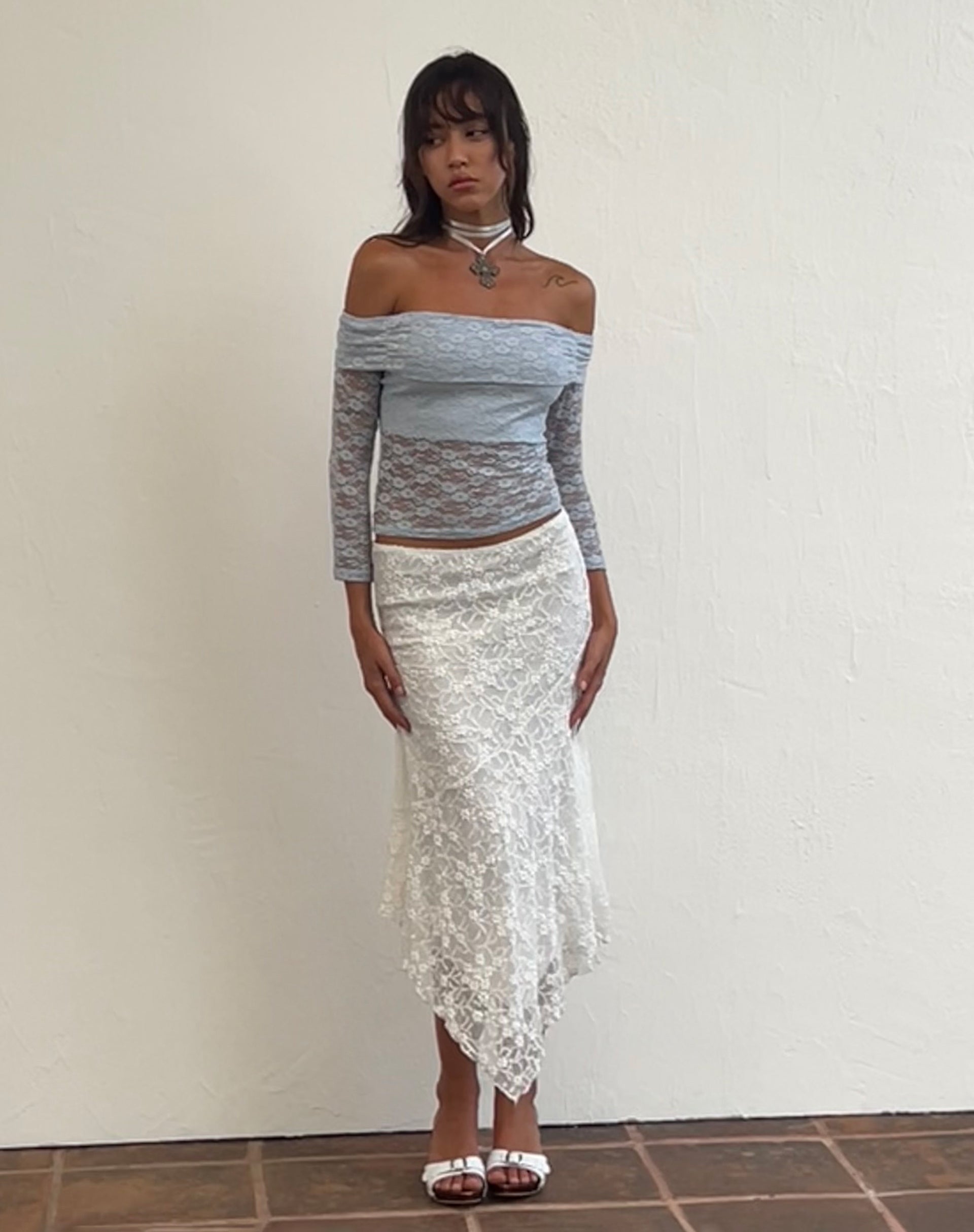 Image of Nixie Long Sleeve Bardot Top in Lace Light Blue