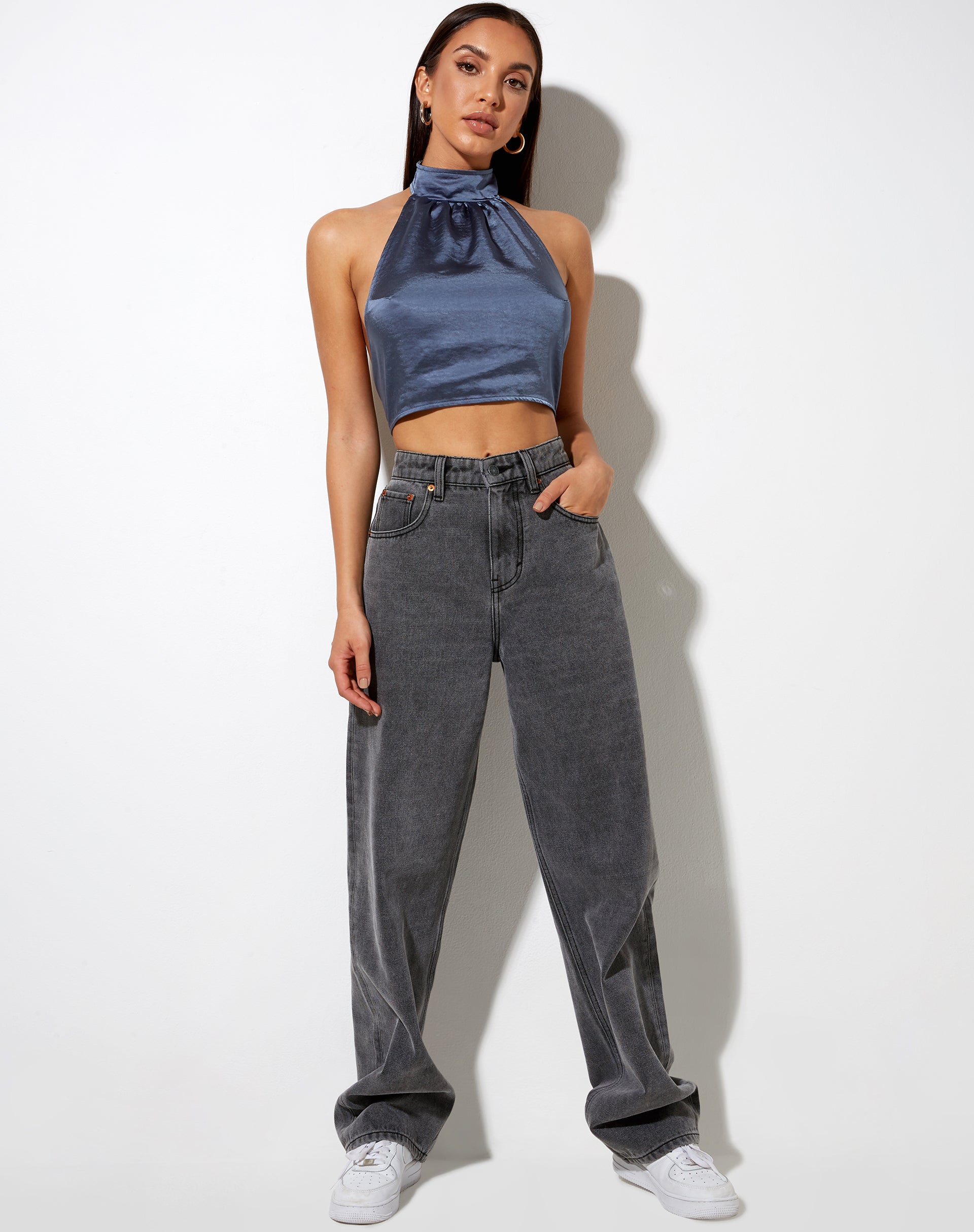 Image of Noela Crop Top in Satin Slate Blue