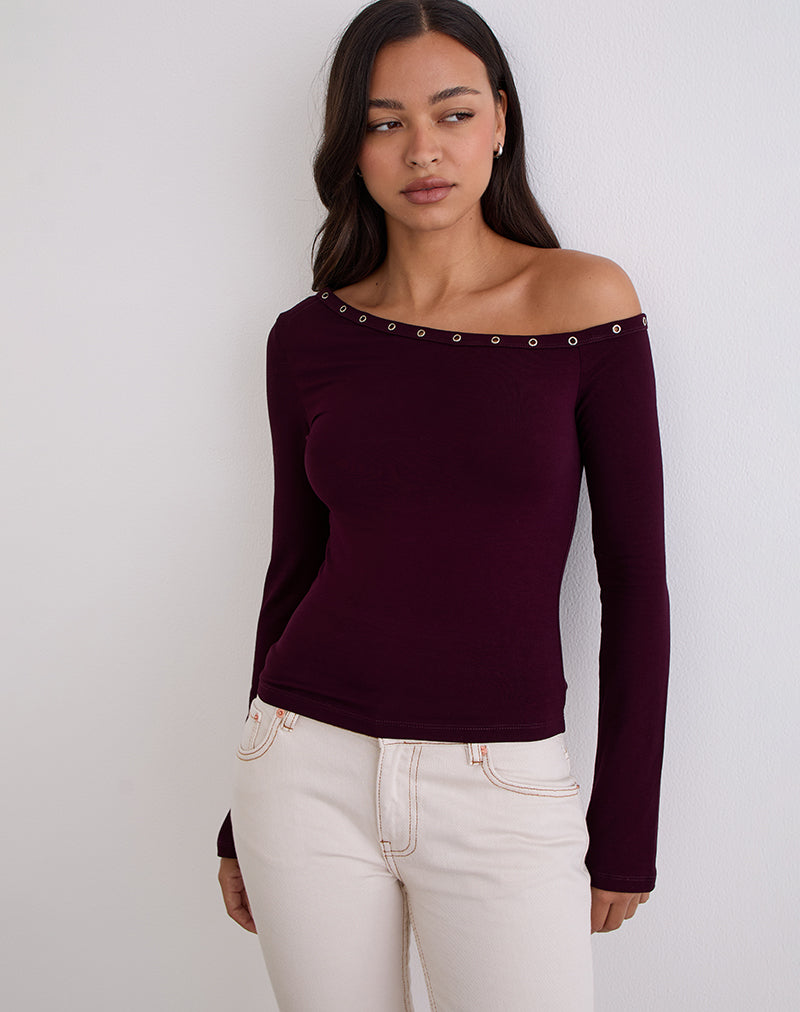 Image of Noraba One Shoulder Top in Red Wood with Eyelets
