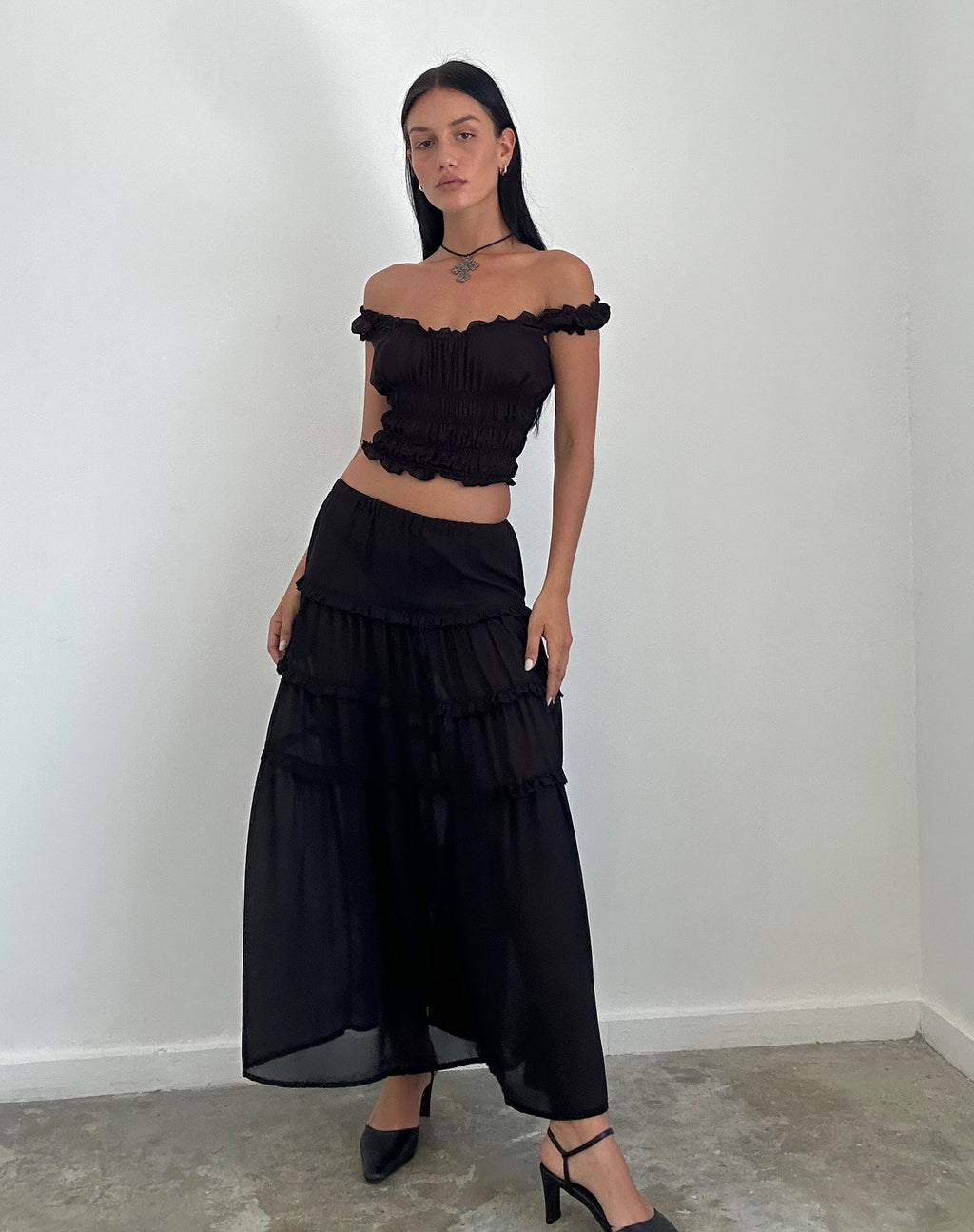 Norah Tiered Maxi Skirt in Black Chiffon