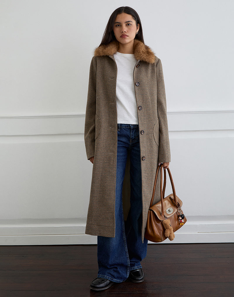 Image of Norciel Longline Coat in Check Brown with Fur Collar
