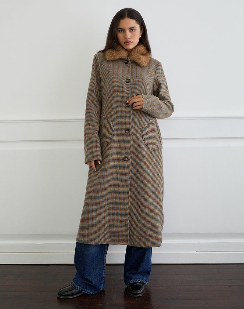 Image of Norciel Longline Coat in Check Brown with Fur Collar