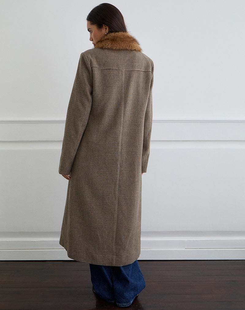 Image of Norciel Longline Coat in Check Brown with Fur Collar
