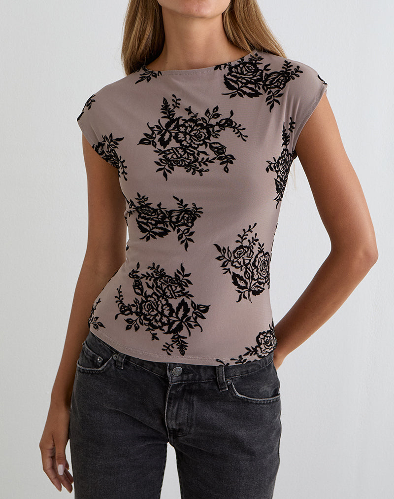 Nova Top in Taupe Grey with Bold Floral Flock