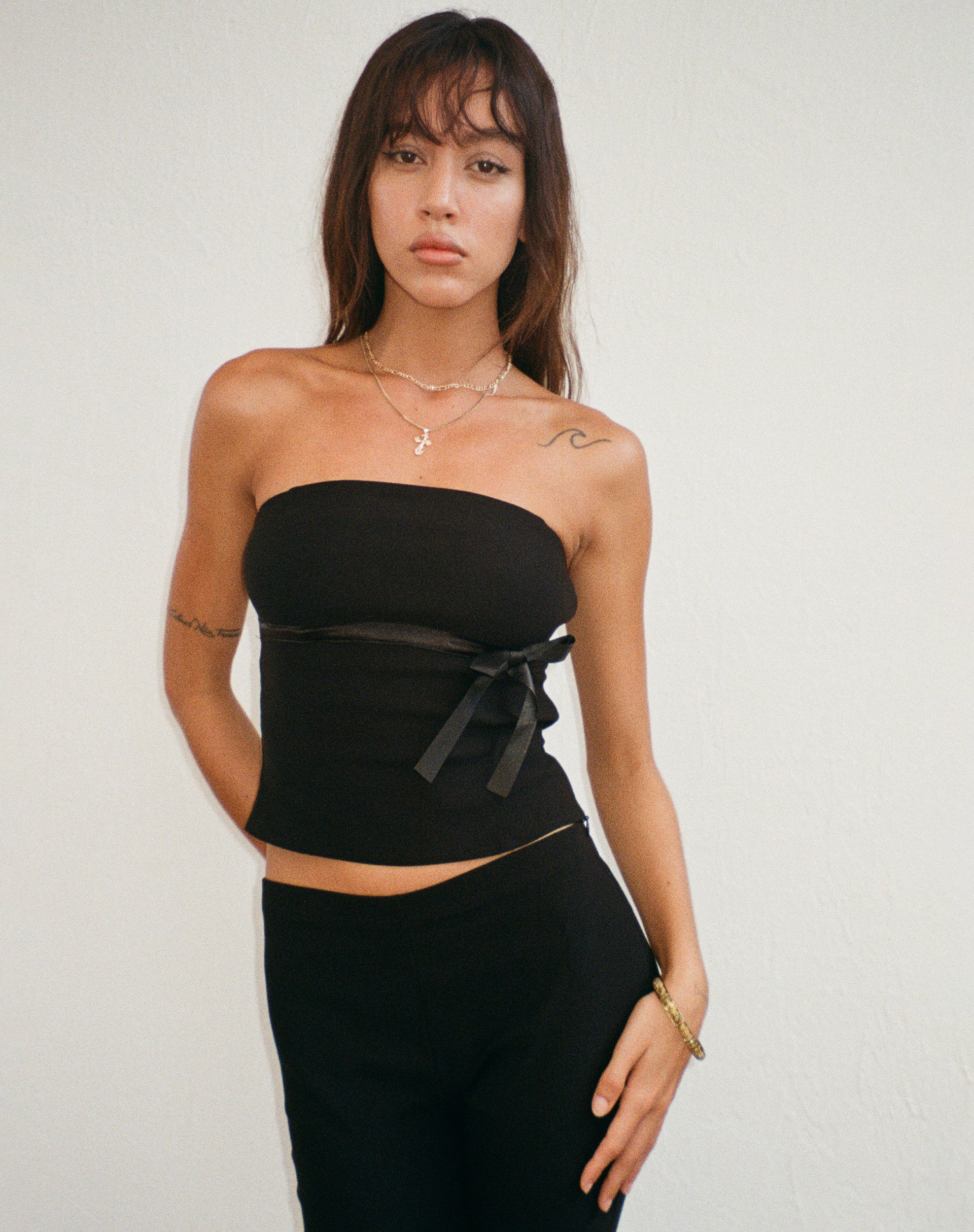 Black Tailored Bandeau Bow Top