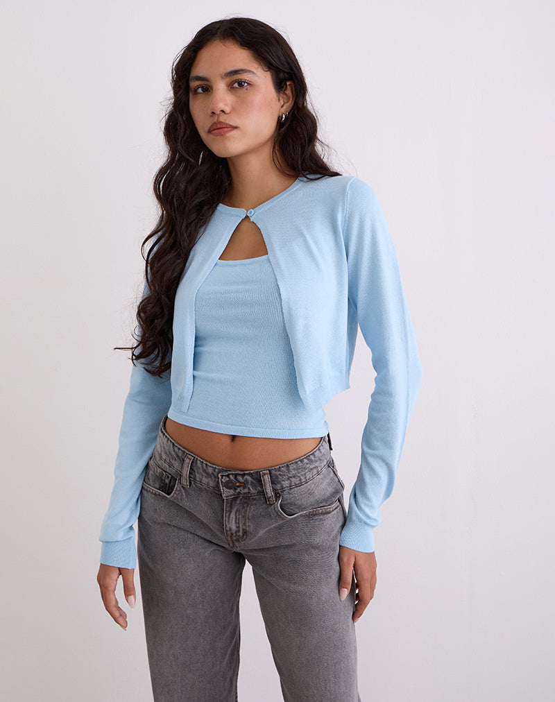 Image of Nuha Ribbed Cropped Cardigan in Blue