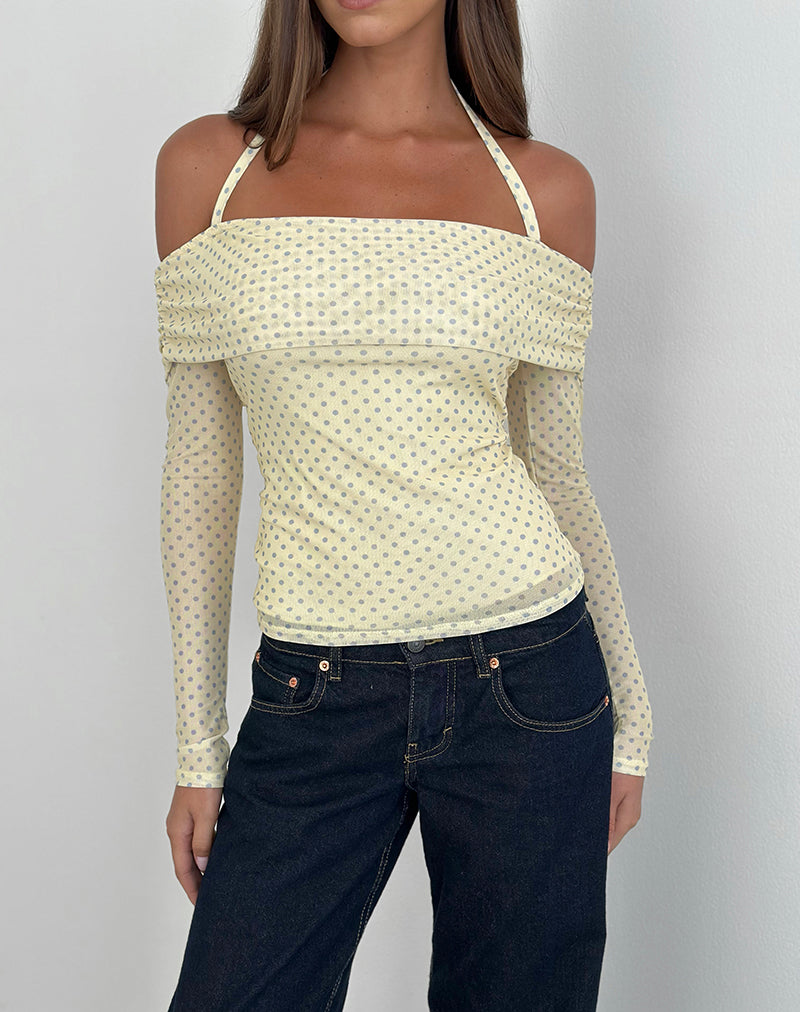 Nunik Halterneck Top in Yellow with Compact Grey Polka