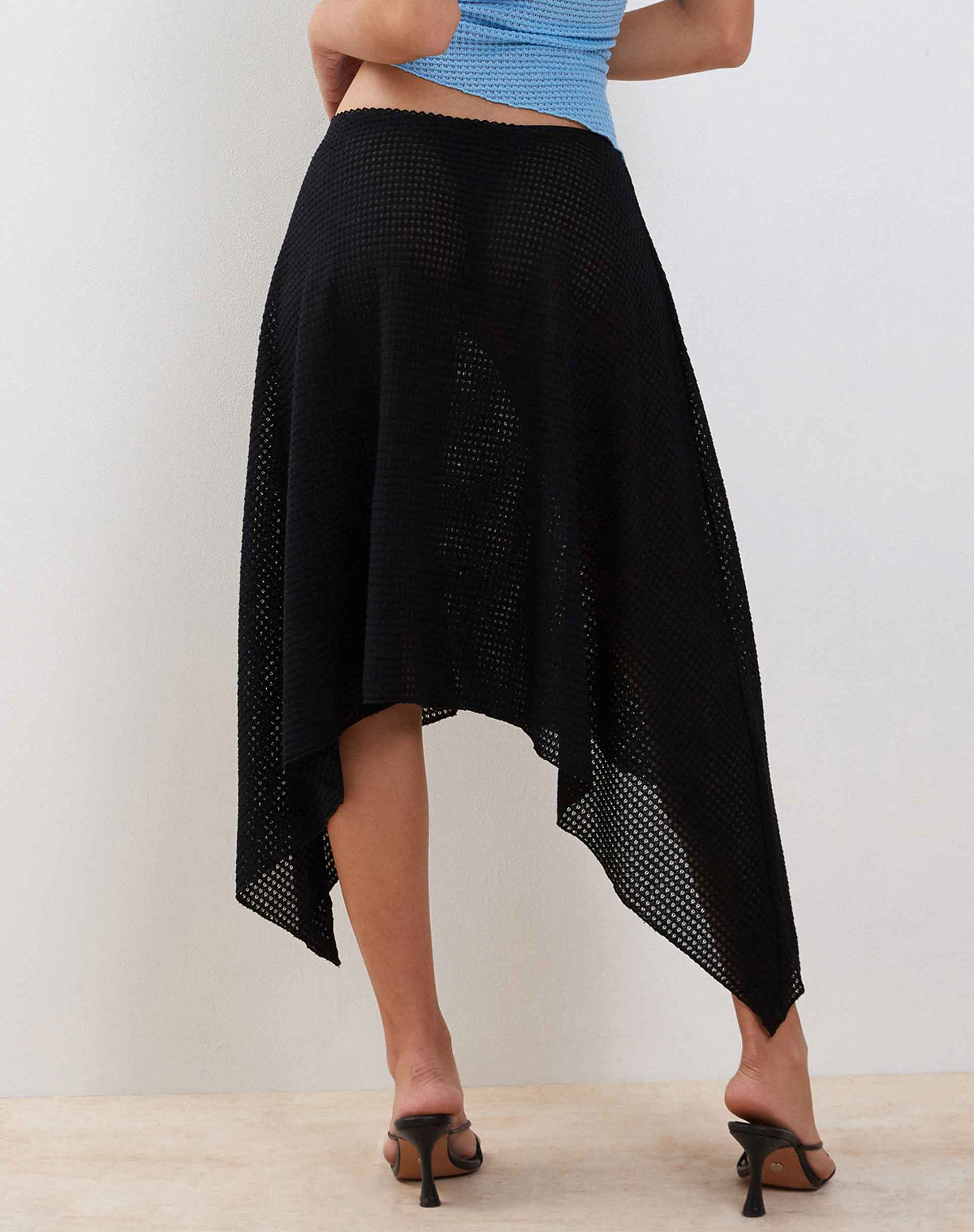 Image of Tullia Asymmetric Midi Skirt in Black Crochet