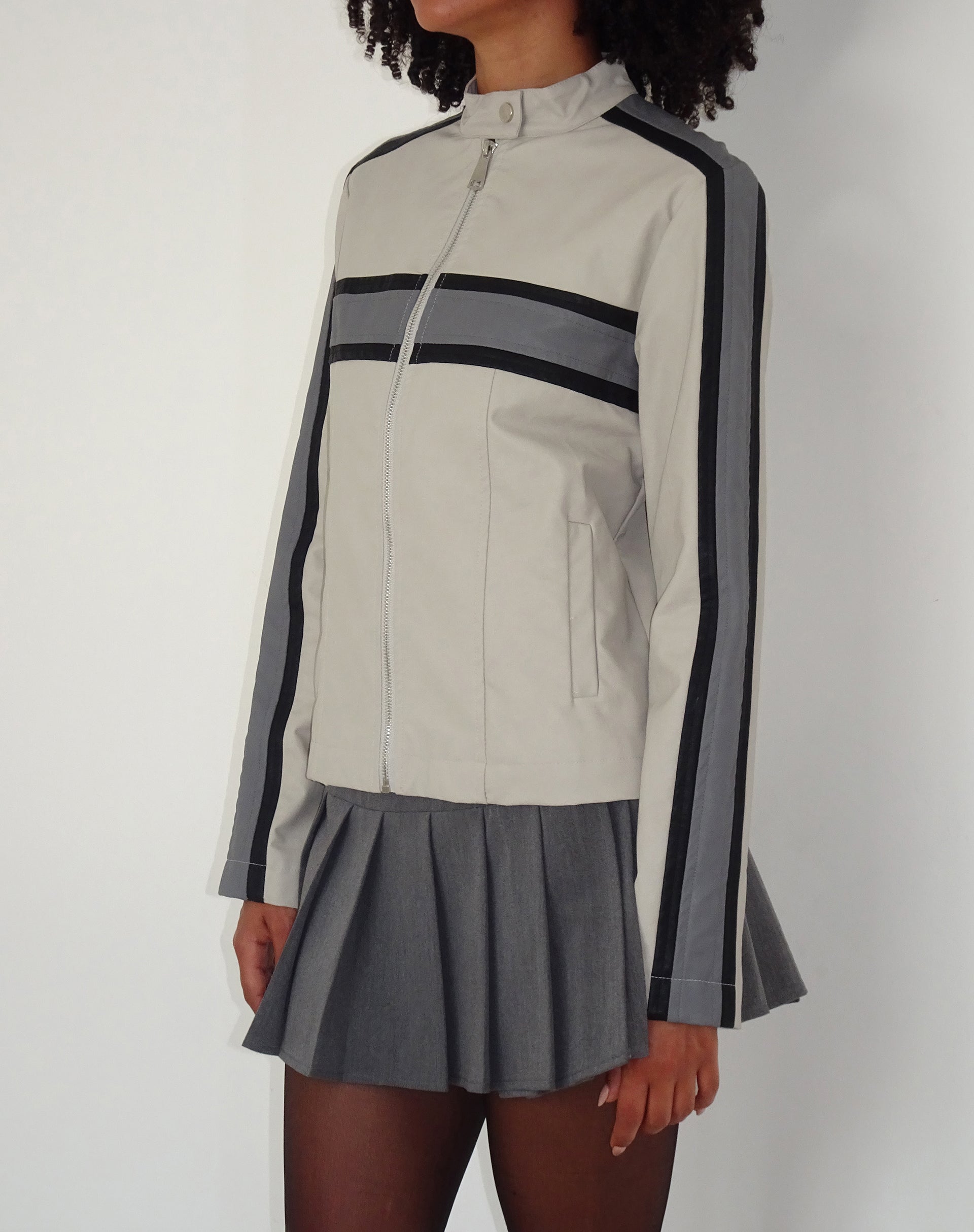 Grey PU with Dark Grey Stripe Zip Up Jacket Oliver motelrocks