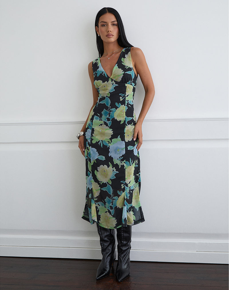 Olydia Midi Dress in Black Chiffon with Crystal Flower Print