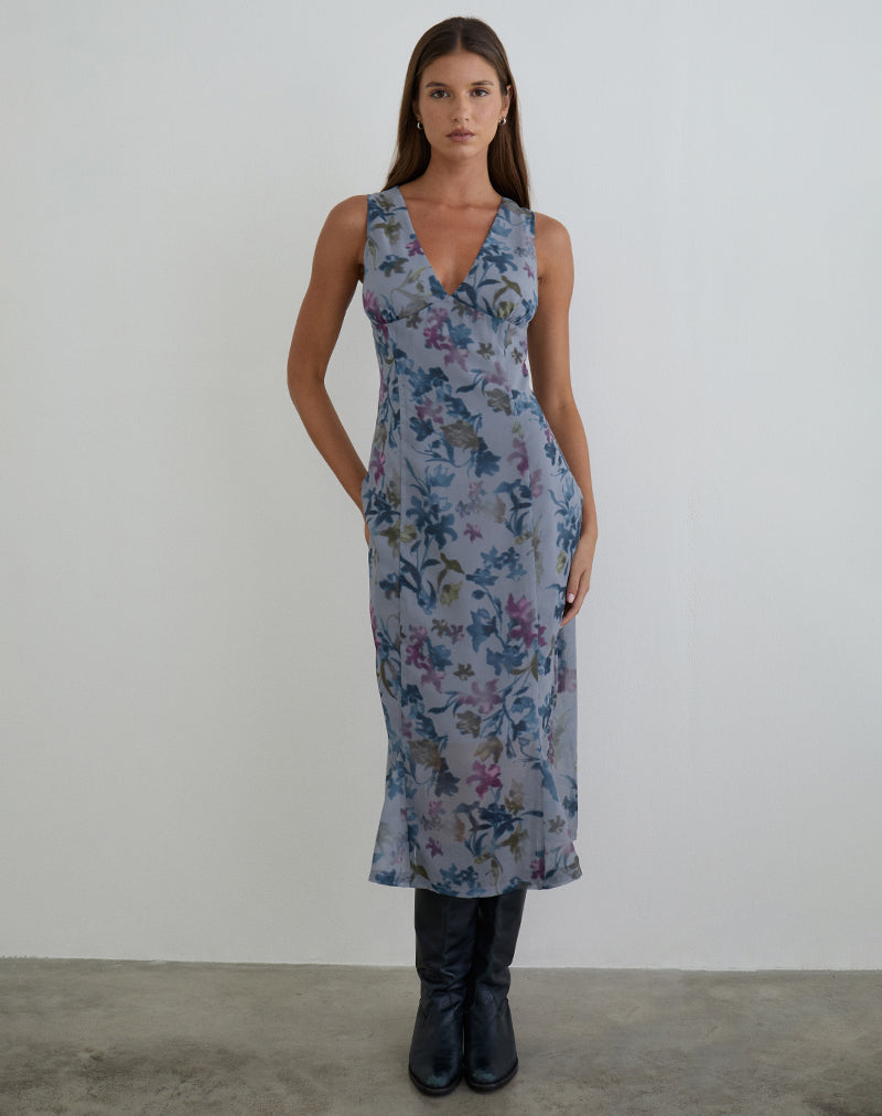 Olydia Midi Dress in Chiffon Shadow Lily Blue