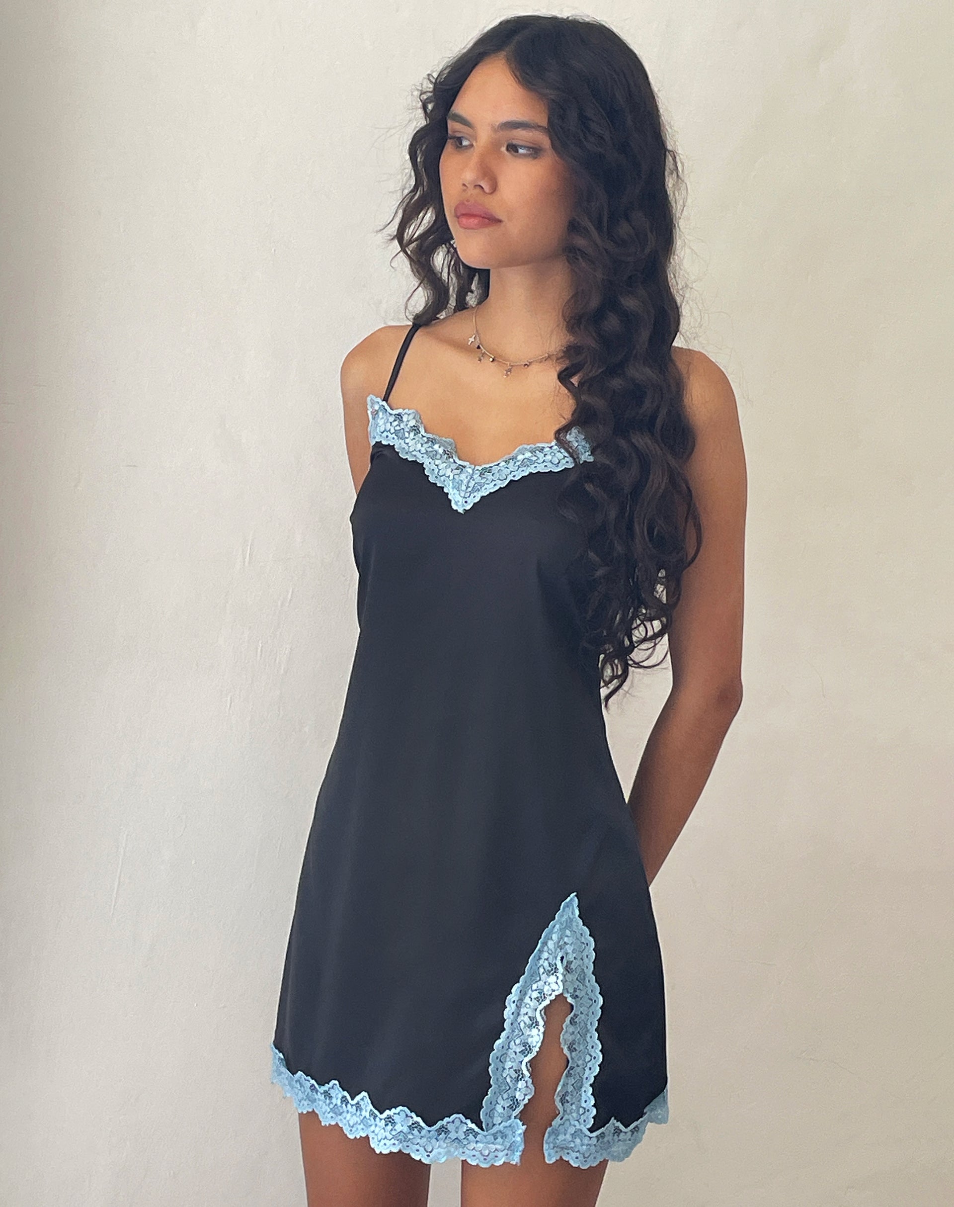 image of Oming Slip Mini Dress in Black with Blue Lace