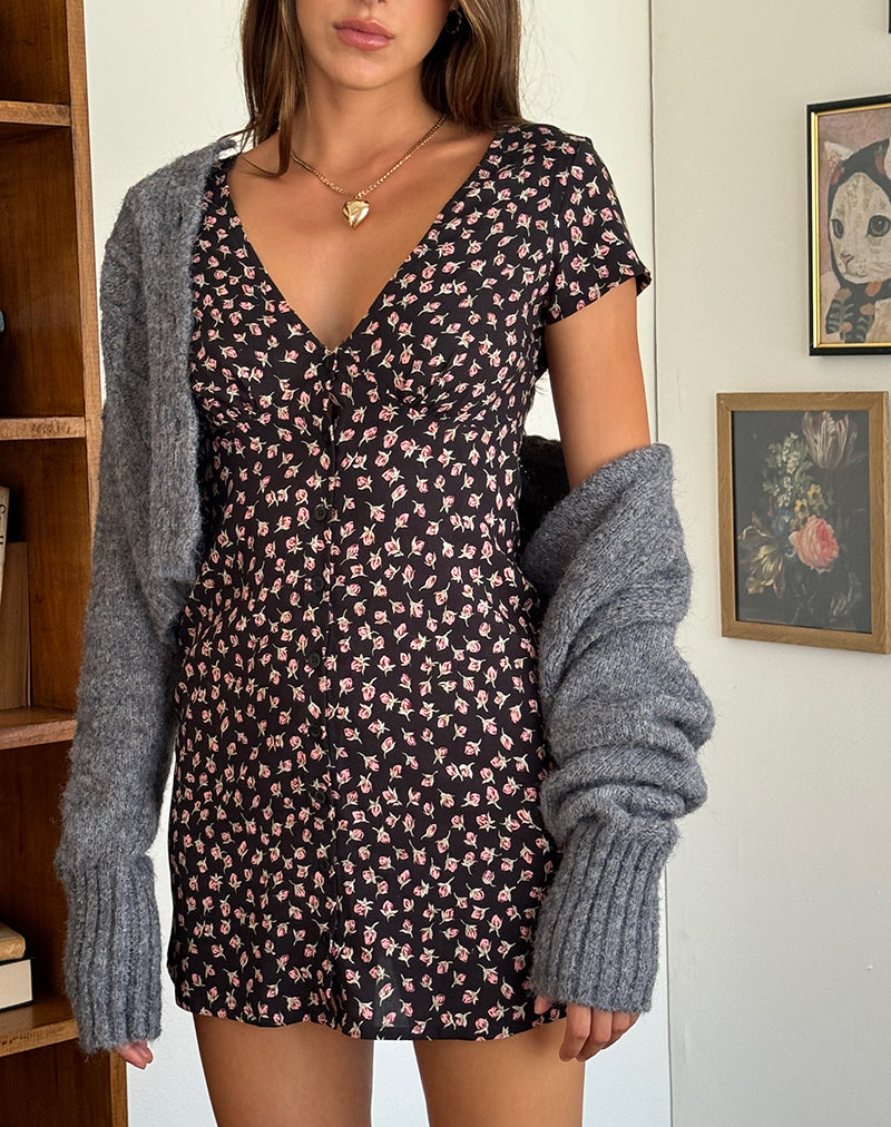 Red Rose Ditsy Black Mini Dress | Omoni – motelrocks.com