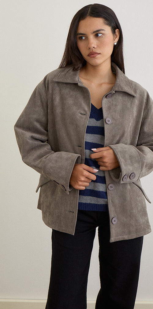 Image of Orson Jacket in Faux Suede Olive Grey