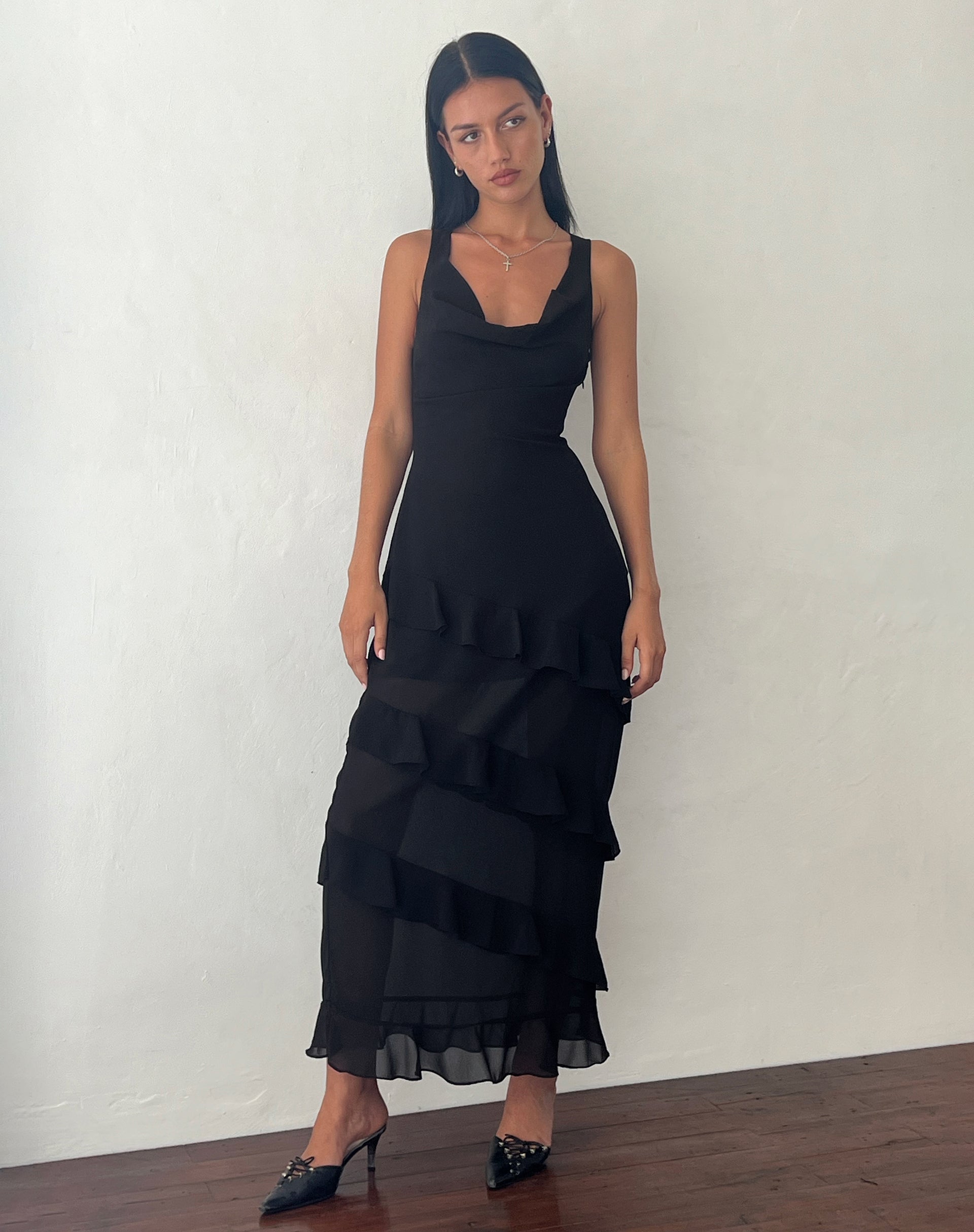 Otna Ruffle Detail Chiffon Maxi Dress in Black Otna Ruffle Detail Chiffon Maxi Dress in Black