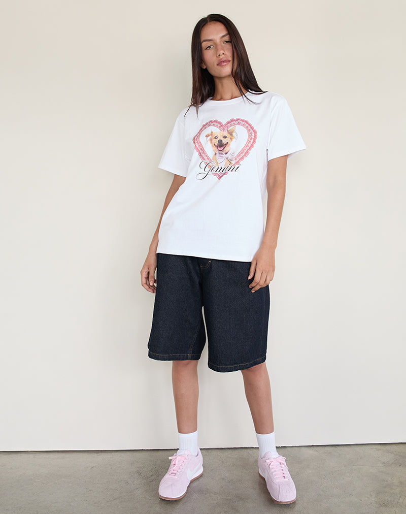 Oversize Basic Tee in White with Gemini Motel Pet Print