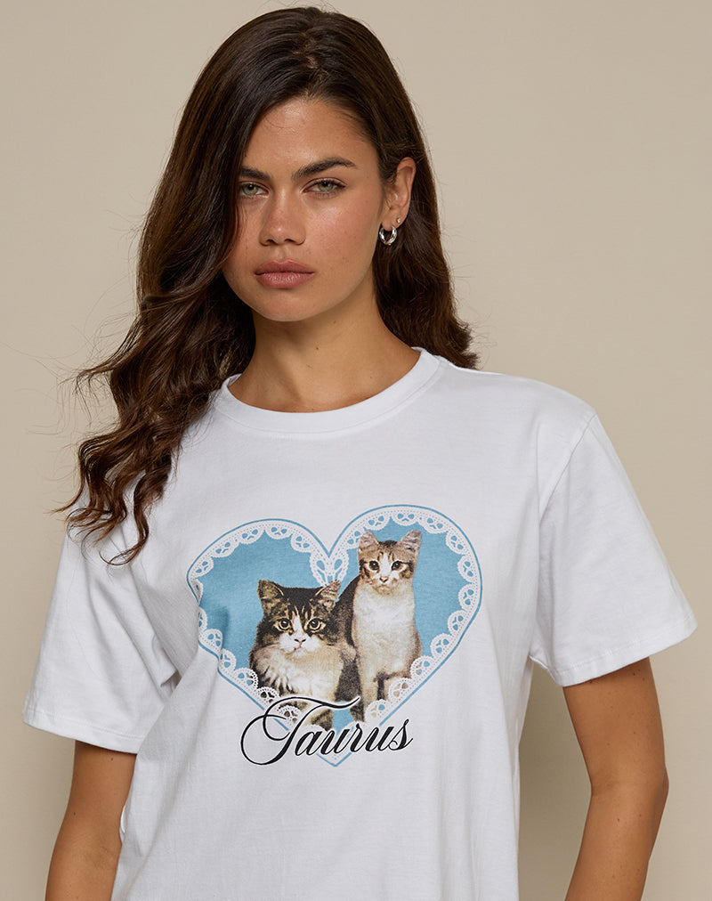 Oversize Basic Tee in White with Taurus Motel Pet Print