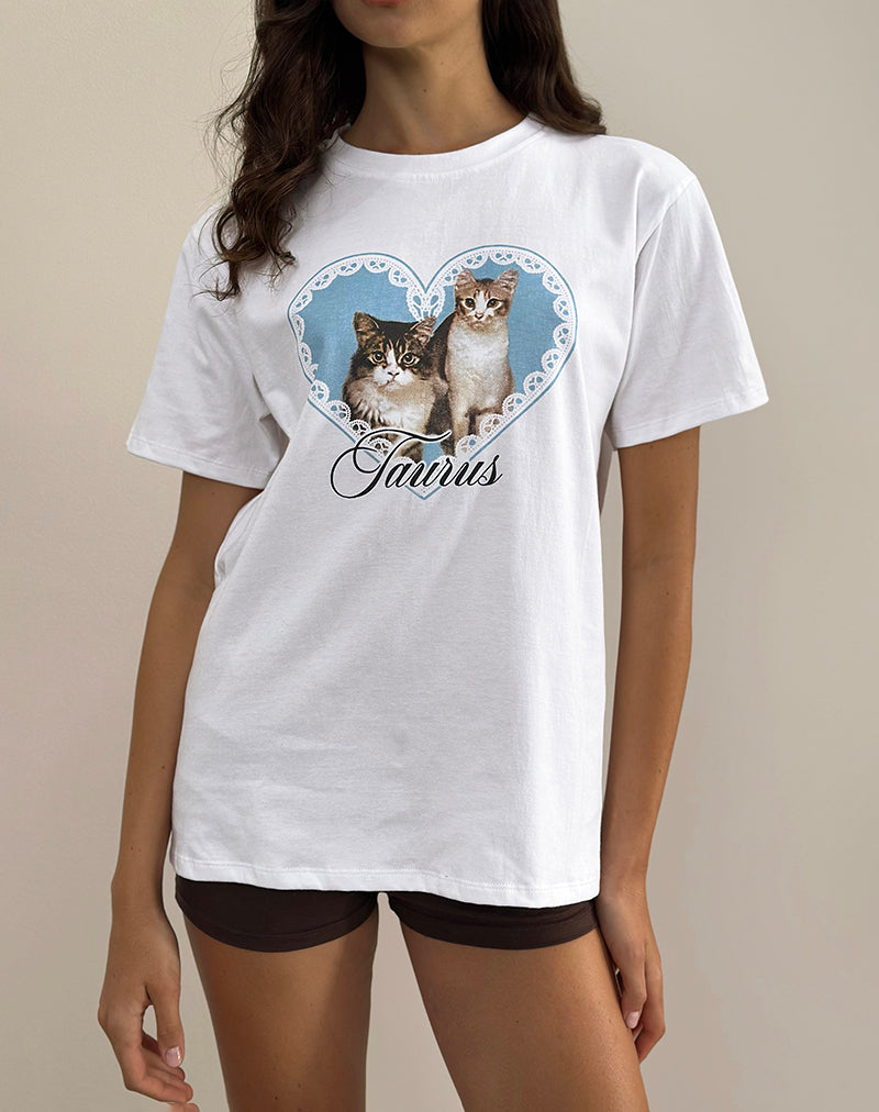 Image of Oversize Basic Tee in White with Taurus Motel Pet Print