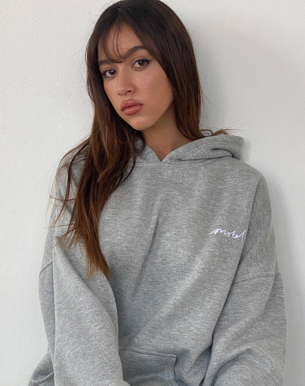 Oversize Hoodie in Grey Marl with Motel Scribble Embroidery