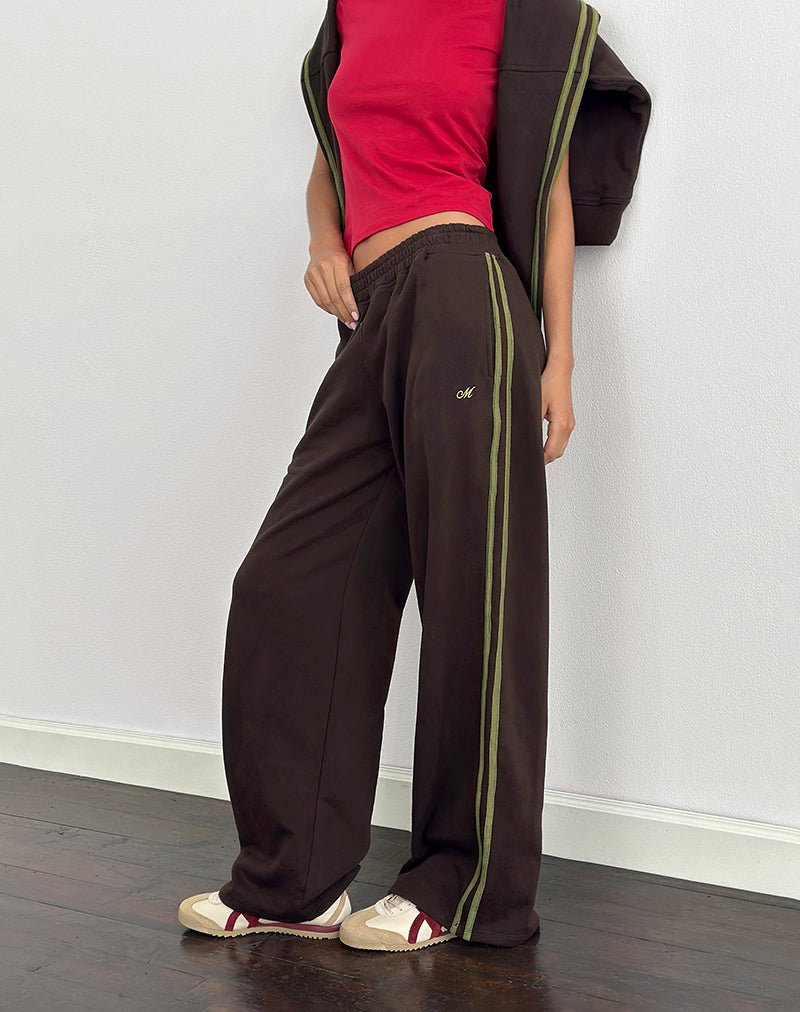 Oze Trackpant in Bitter Chocolate with Green Binding and M Embroidery