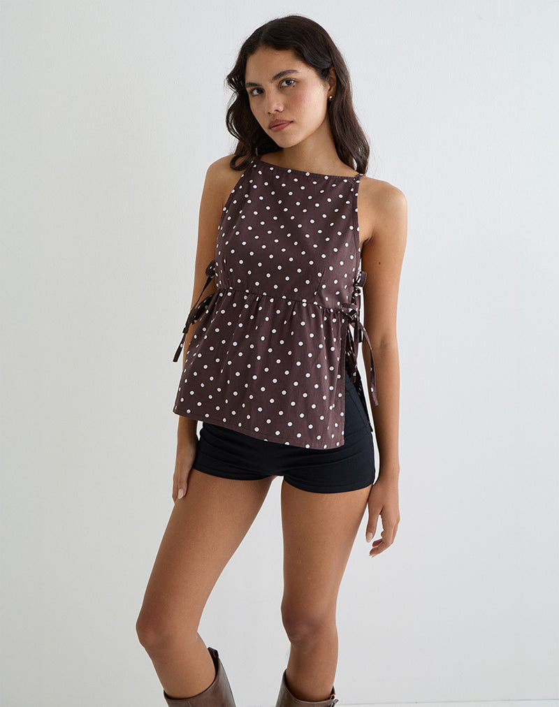Image of Palsi Tie Side Top in Brown with Medium Polka White