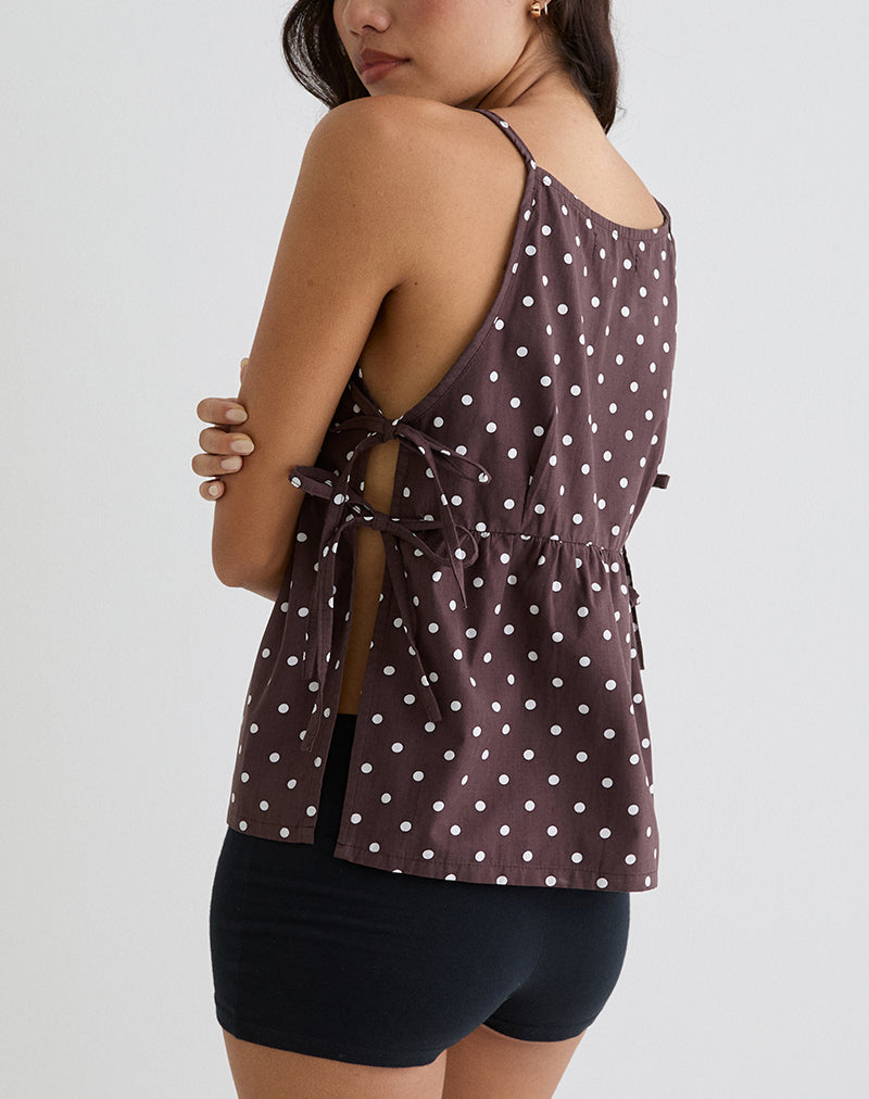 Image of Palsi Tie Side Top in Brown with Medium Polka White