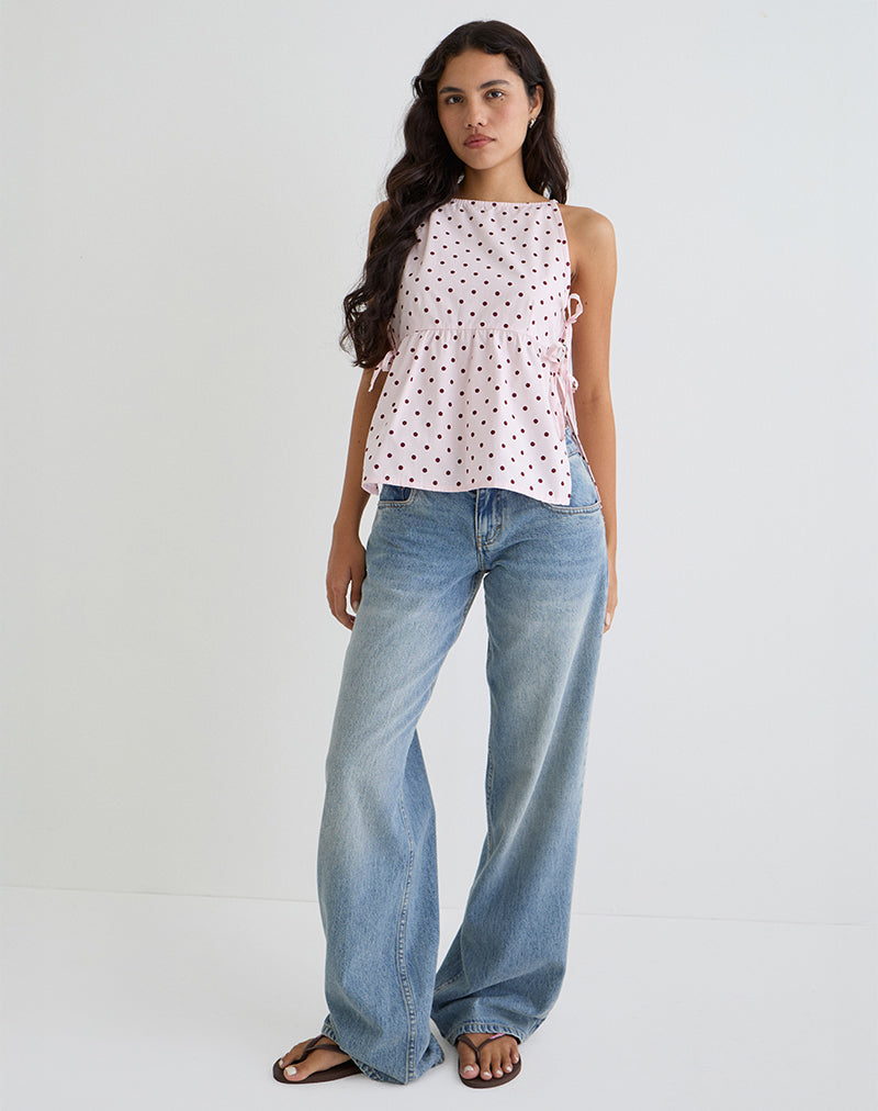 Image of Palsi Tie Side Top in Pink with Medium Polka Red