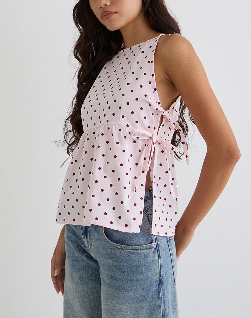 Image of Palsi Tie Side Top in Pink with Medium Polka Red