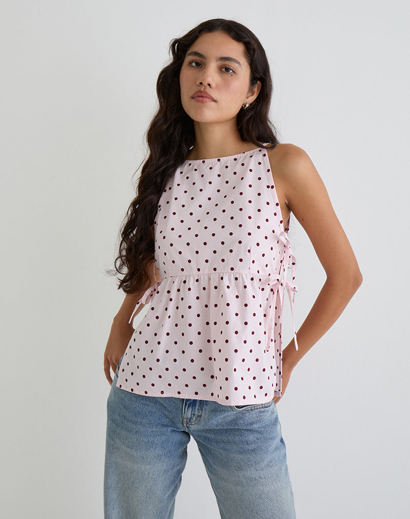 Palsi Tie Side Top in Pink with Medium Polka Red