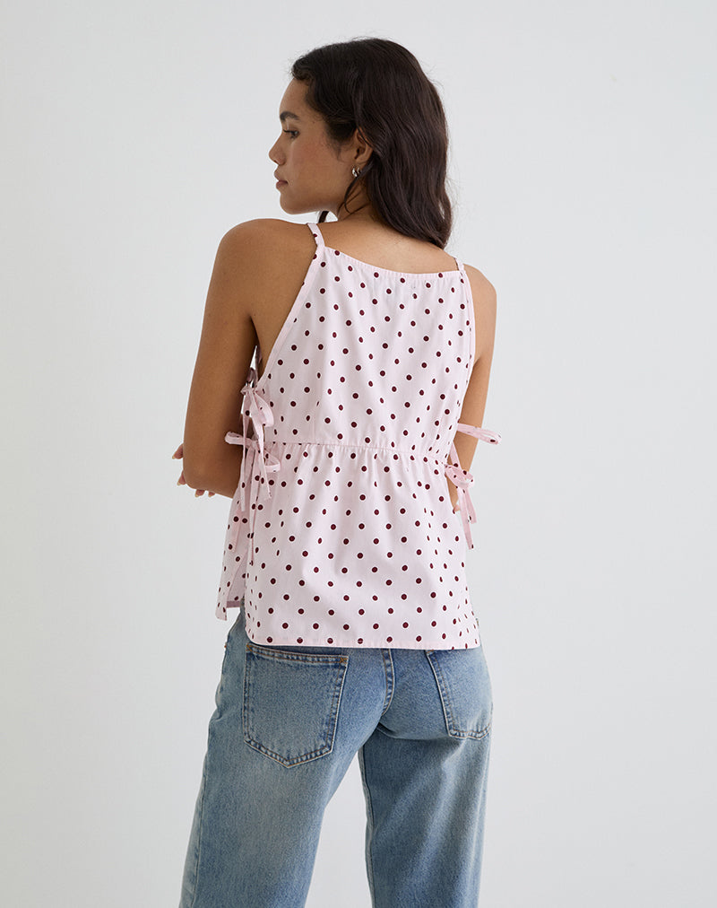 Image of Palsi Tie Side Top in Pink with Medium Polka Red