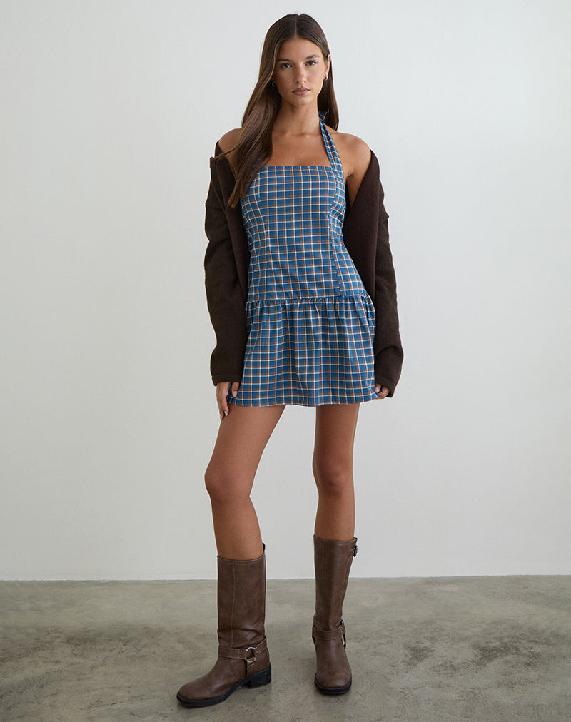 Panja Mini Halter Neck Dress in Medium Tartan Blue