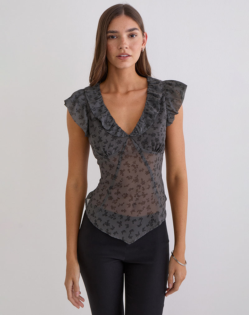 Paquita Top in Chiffon Minimal Flower Dark Grey