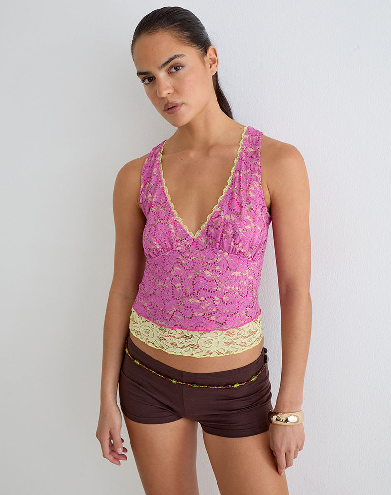 Perai Top in Double Layer Sequin Lace Lime and Pink