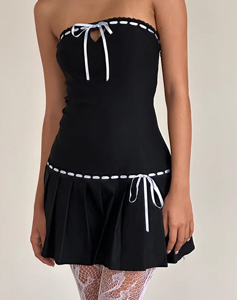 Image of Petula Mini Dress in Black with Blue Contrast Ribbon