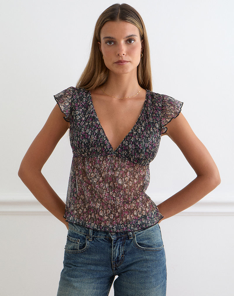 Pharita V Neck Top in Ditsy Floral Plisse Charcoal
