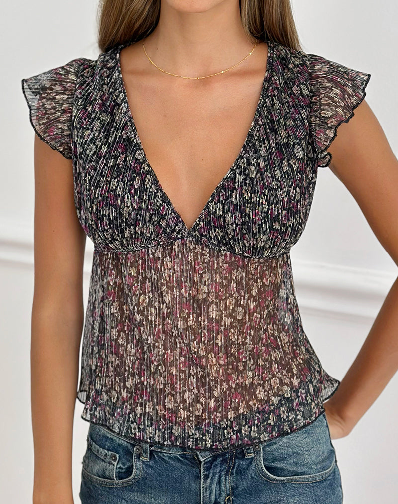 Pharita V Neck Top in Ditsy Floral Plisse Charcoal