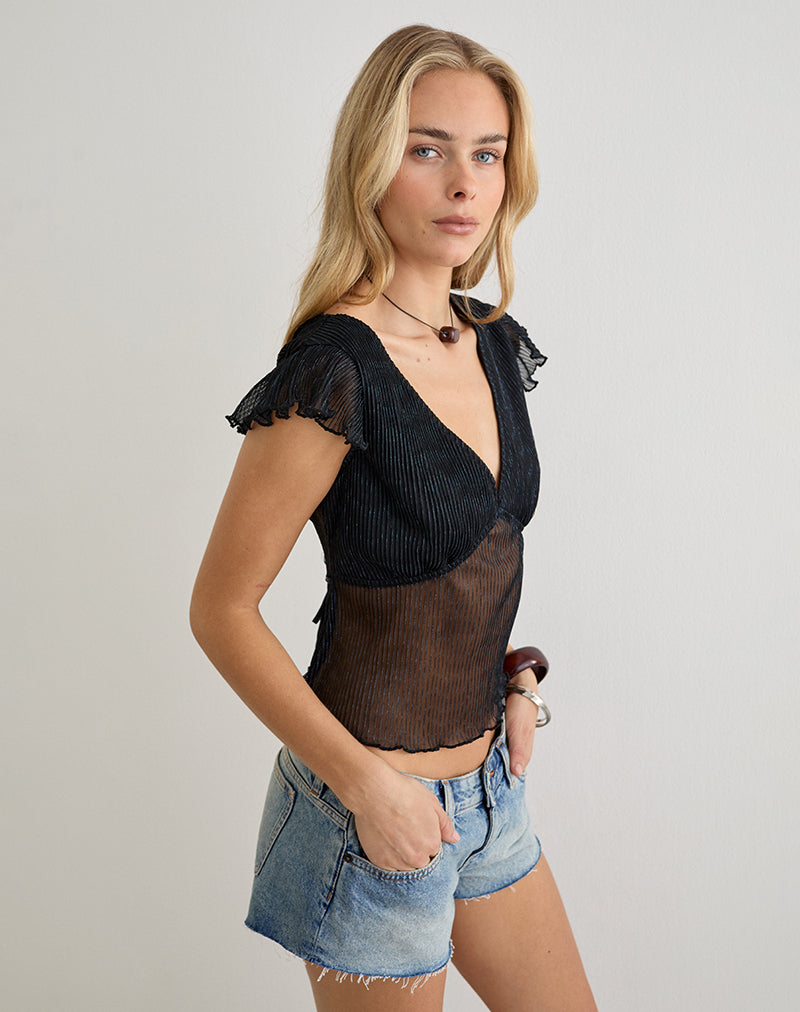 Pharita V Neck Top in Plisse Black