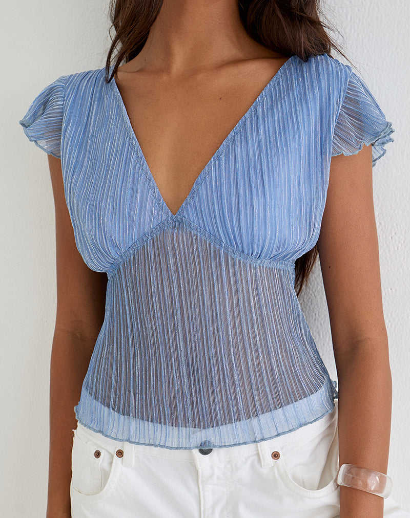 Image of Pharita V Neck Top in Plisse Blue