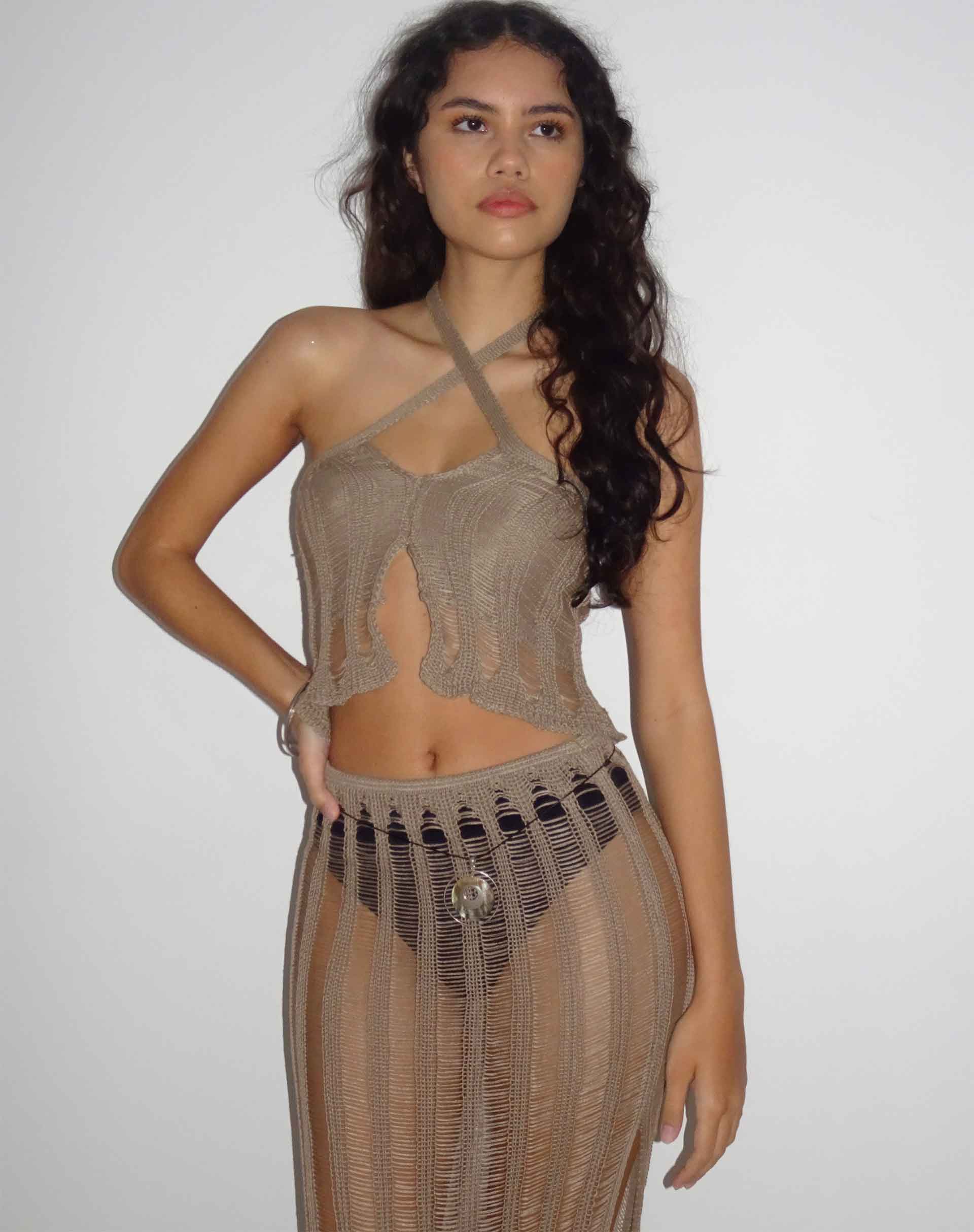 Image of Phoebe Halterneck Knitted Top in Desert Taupe
