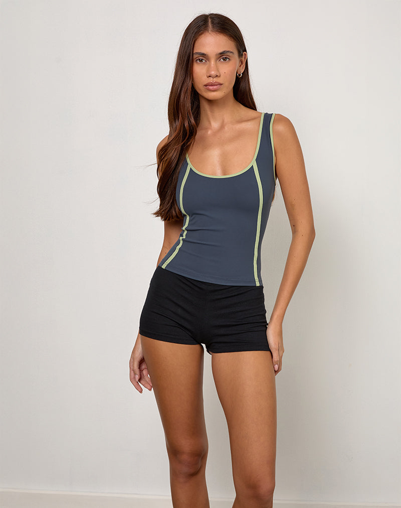 Pilon Vest top in Navy with Sage Binding