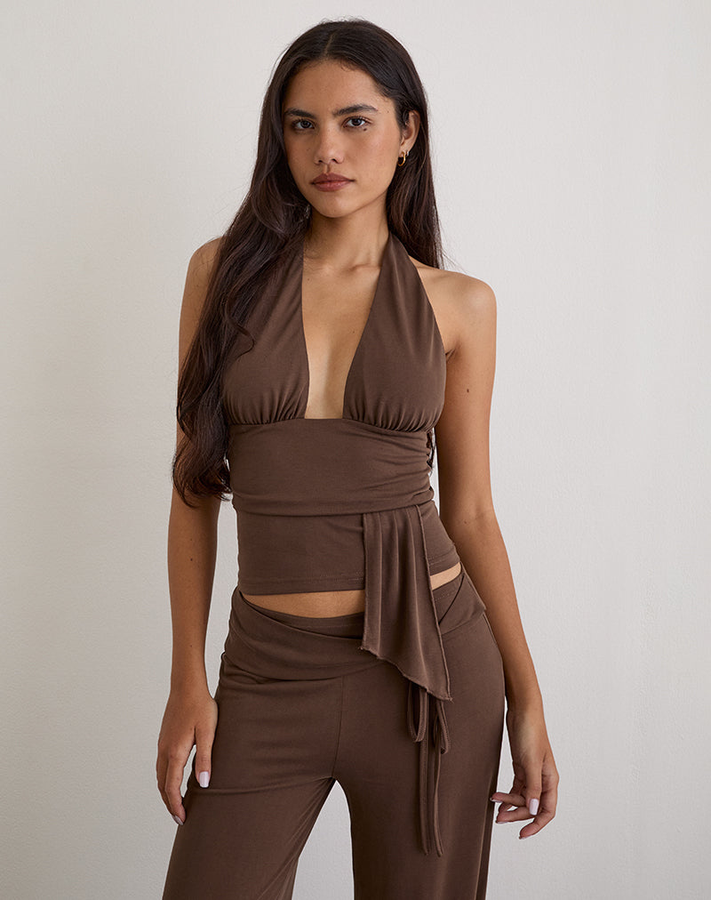 Image of Prilla Halterneck Top in Cupro Dark Brown