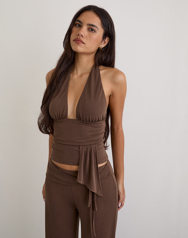 Image of Prilla Halterneck Top in Cupro Dark Brown