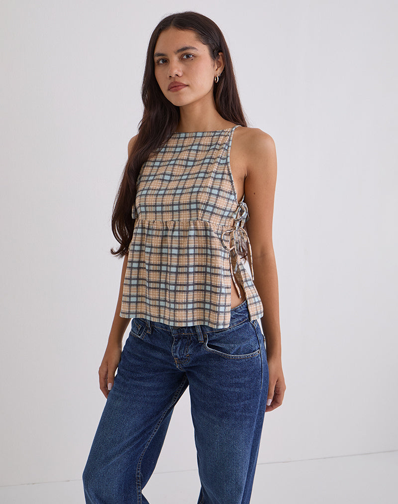 Palsi Loose Sleeveless Top in Pastel Blue Tartan