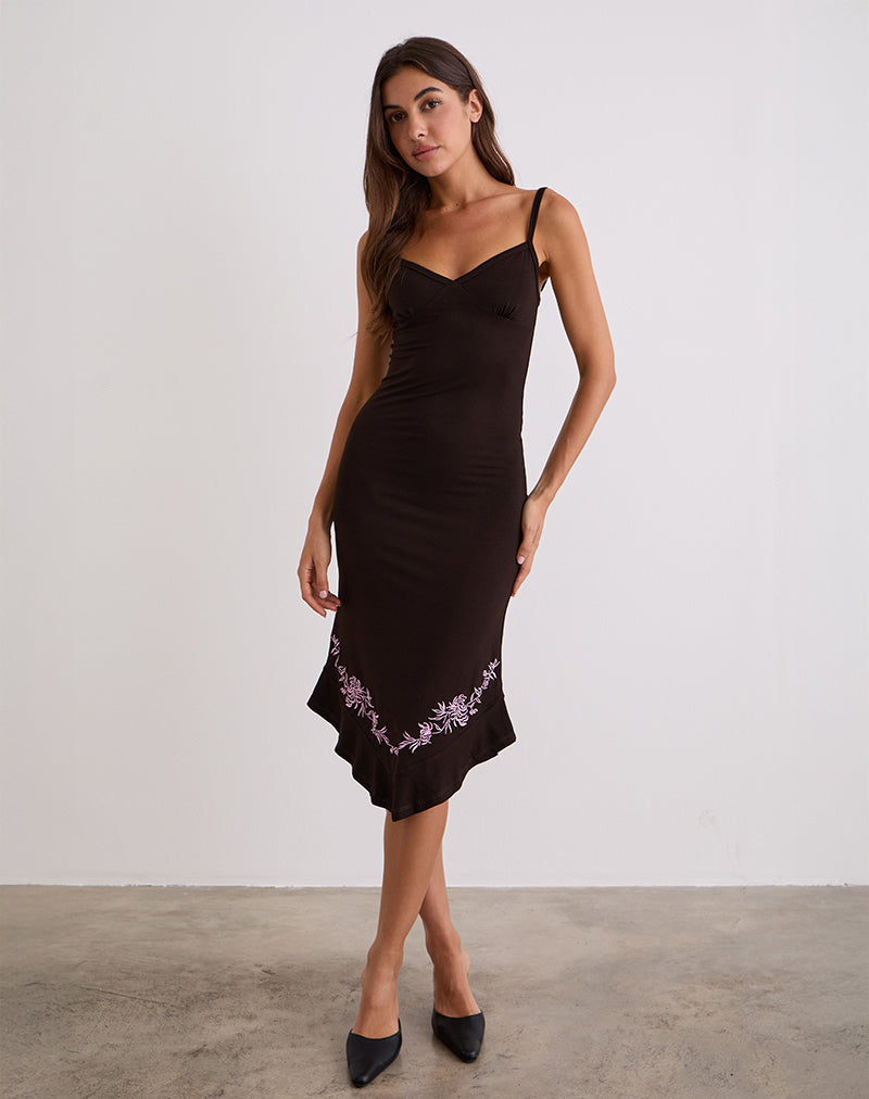 Image of Quelin Midi Dress in Chocolate Brown with Rose Embroidery
